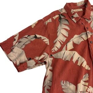 Tommy Bahama Hawaiian Red Silk Button Down Shirt Mens XL Banana Leaf Tropical